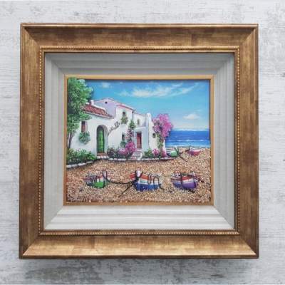 nusnus - Alaçatı Houses And Beach Paper Relief Wooden Painting