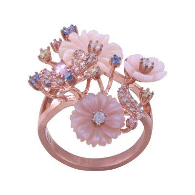 nusnus - Rose Gold Silver Ring with Pink-Cream Flowers 6.1 Gr