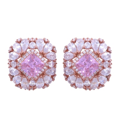 nusnus - Rose Gold Silver Earrings with Pink Stone