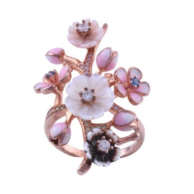 nusnus - Pink and Black Floral Silver Ring 8.4 Gr